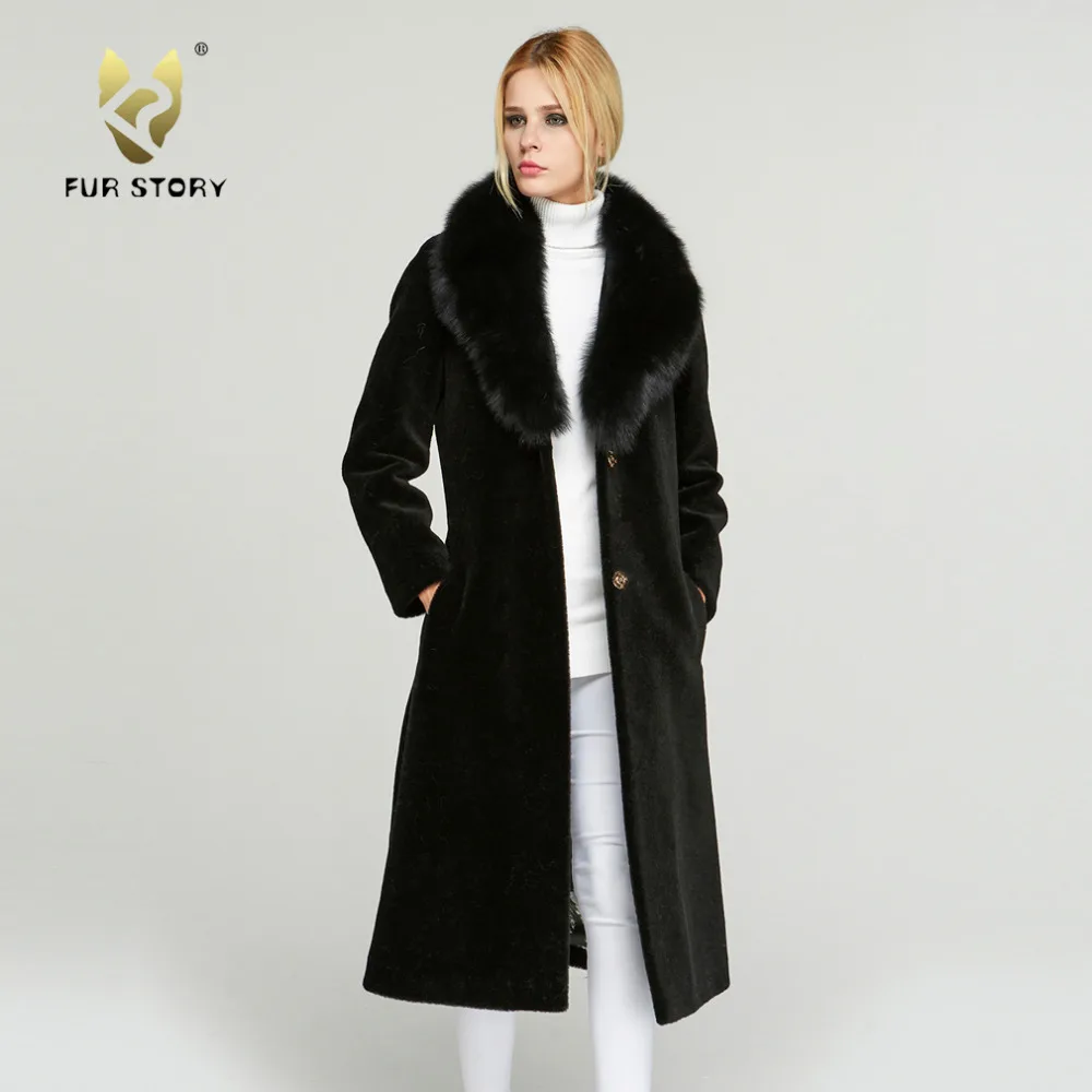 Women's Long Real Fur Coat Lamb Shearing Fur Coat Big Fox Fur Collar Sheep Sheared Black Jacket Sheepskin Coat Fur Story 18135LN
Women's Long Real Fur Coat Lamb Shearing Fur Coat Big Fox Fur Collar Sheep Sheared Black Jacket Sheepskin Coat Fur Story 18135LN