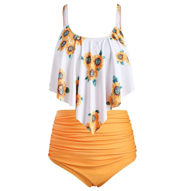 

Bikini 2019 Tankini Women Large Size Bikini Set Sexy Ruffled High Waist Biquini Thong Sunflower Print Bikini Beach Swimsuits 4zg