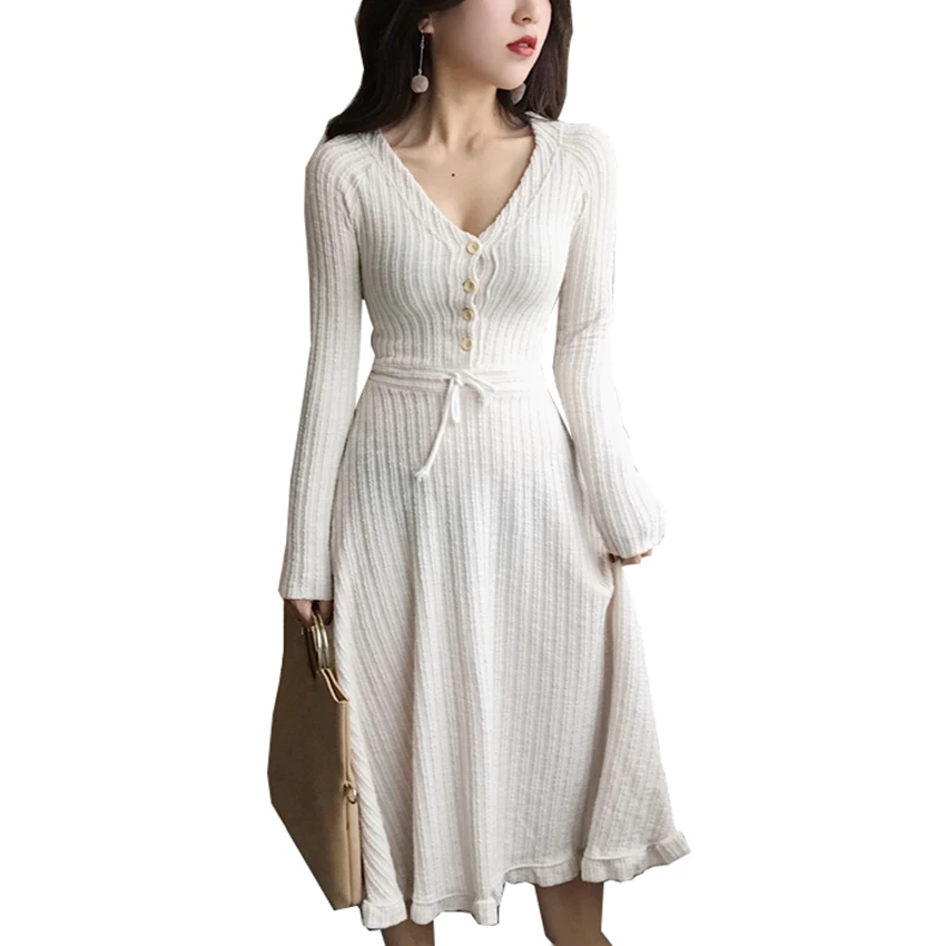 New Autumn Winter Fashion Button Front V-Neck Knitted Dresses Slim Vintage Ruffles Long Dress Empire Black Party Vestidos Mw090
New Autumn Winter Fashion Button Front V-Neck Knitted Dresses Slim Vintage Ruffles Long Dress Empire Black Party Vestidos Mw090