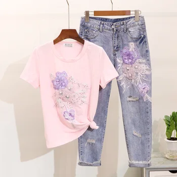 Spring Summer Beading Embroidery 3D Flower Short Sleeve Cotton T-Shirt Holes Leisure Jeans Pants Two Piece Set Female Tops Suit
Spring Summer Beading Embroidery 3D Flower Short Sleeve Cotton T-Shirt Holes Leisure Jeans Pants Two Piece Set Female Tops Suit