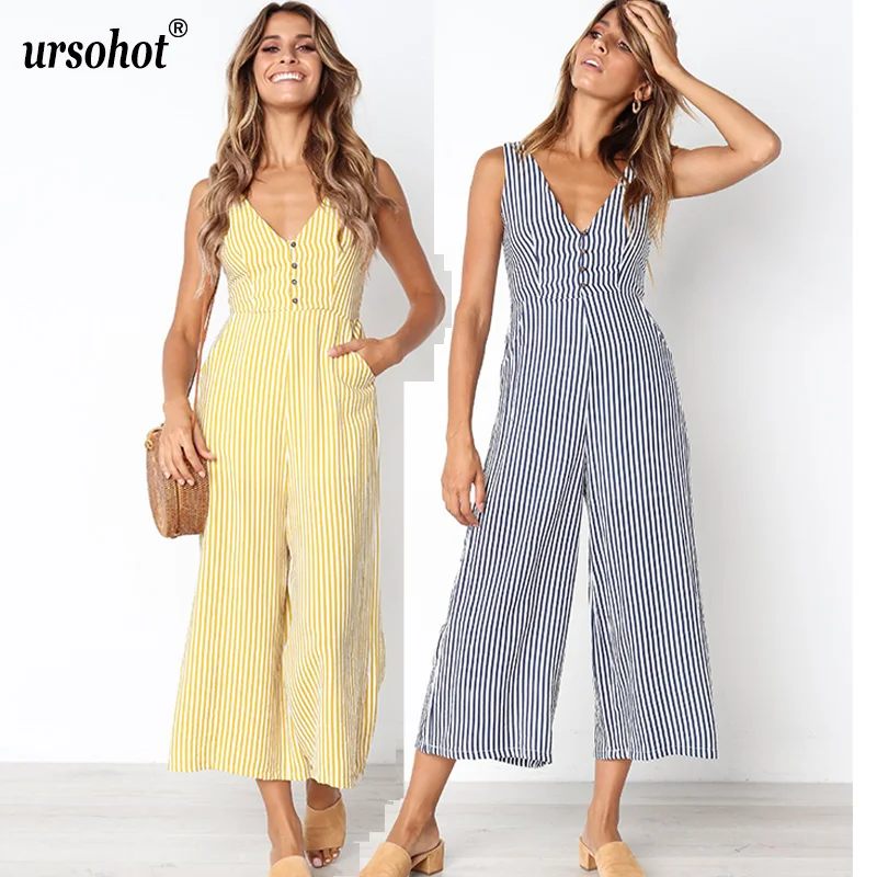 Ursohot Fashion Striped V Neck Jumpsuit Button Pocket Long Playsuit Sleeveless Loose Rompers Summer Boho Beach Overall For Women
Ursohot Fashion Striped V Neck Jumpsuit Button Pocket Long Playsuit Sleeveless Loose Rompers Summer Boho Beach Overall For Women