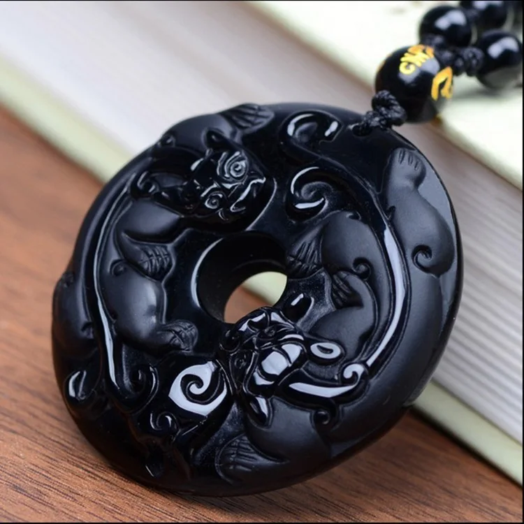 

Beautiful Handwork Natural Black Obsidian Carved PiXiu Safety Buckle Lucky Pendants + free Necklace Fine Fashion Jewelry