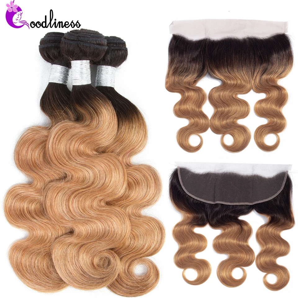Goodliness Colored Bundles with Frontal 1B/27 Blonde Bundles With Frontal Remy Ombre Malaysian Body Wave Human Hair Extensions
Goodliness Colored Bundles with Frontal 1B/27 Blonde Bundles With Frontal Remy Ombre Malaysian Body Wave Human Hair Extensions