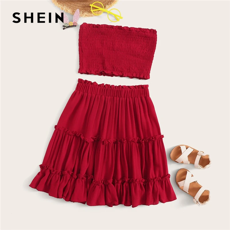 

SHEIN Kiddie Red Solid Shirred Bandeau Top And Frilled Tiered Skirt Boho Set 2019 Summer Sleeveless Ruffle Hem Outfits For Kids