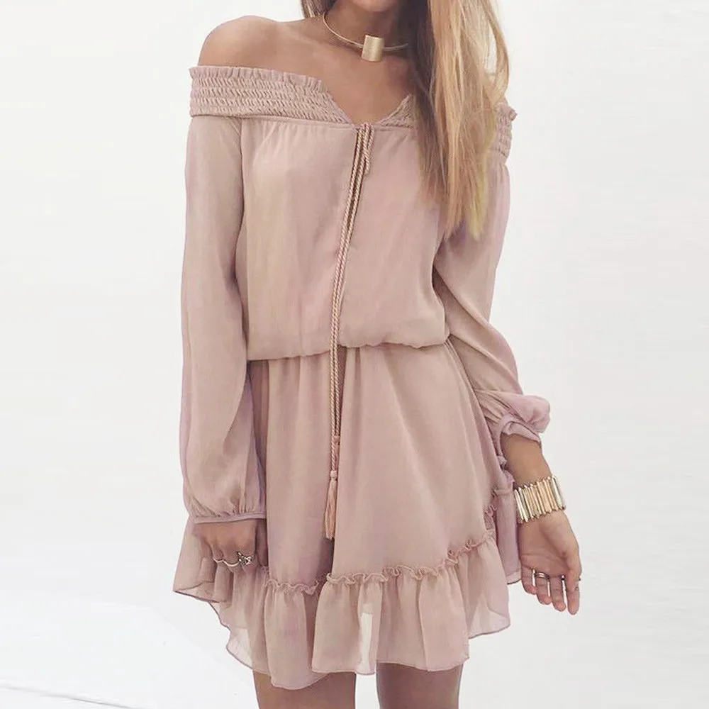 Women Dresses Autumn Sexy Chiffon Off Shoulder Slash Neck Dress Femmes Bohemian Solid vestido Mini dress
Women Dresses Autumn Sexy Chiffon Off Shoulder Slash Neck Dress Femmes Bohemian Solid vestido Mini dress