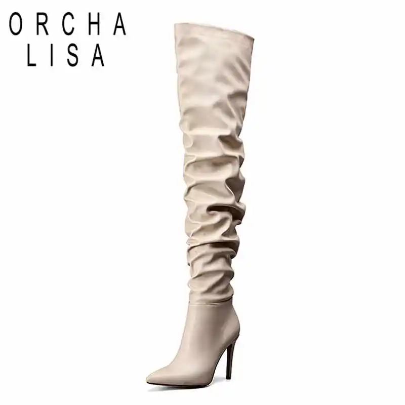 ORCHA LISA Fashion pleated over Knee boots Womens PU leather 10 cm high heel sexy boots Women Beige pointed toe thigh high boots
ORCHA LISA Fashion pleated over Knee boots Womens PU leather 10 cm high heel sexy boots Women Beige pointed toe thigh high boots
