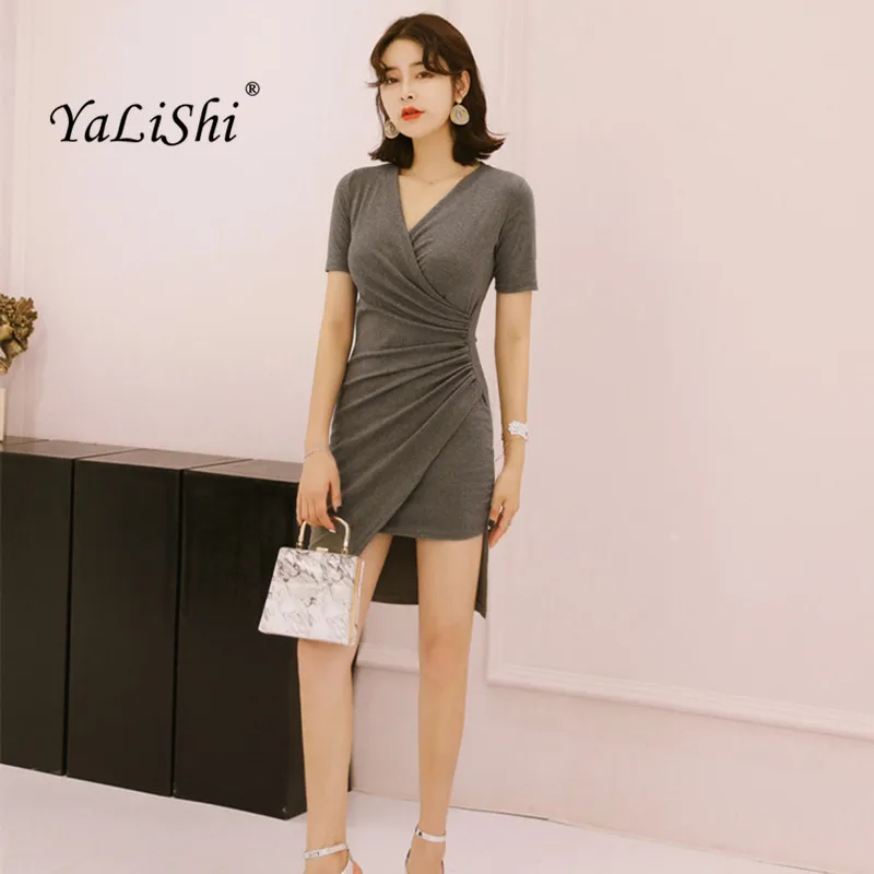 2020 Grey Draped Asymmetric Dress Women Summer V-neck Short Sleeves Celebrity Office Mini Dress Sexy Party Draped Bodycon Dress
2020 Grey Draped Asymmetric Dress Women Summer V-neck Short Sleeves Celebrity Office Mini Dress Sexy Party Draped Bodycon Dress