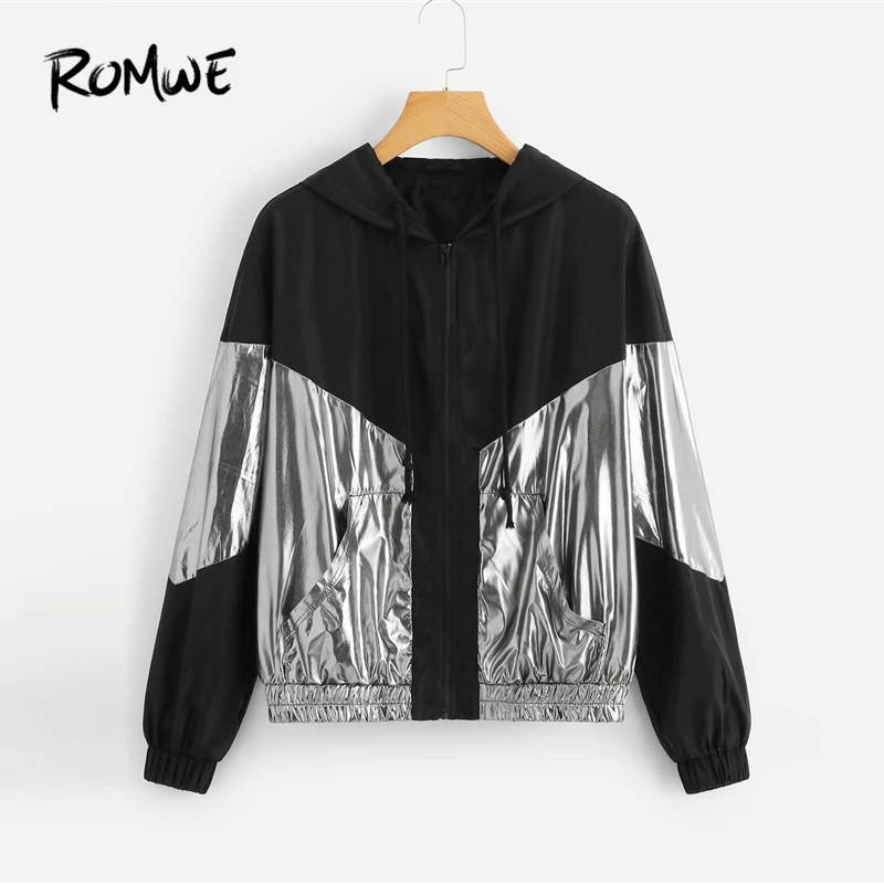 

ROMWE Two Tone Cut And Sew Jacket 2019 Swish Spring Autumn Pockets Hooded Women Jackets Casual Zipper Womens Outerwear