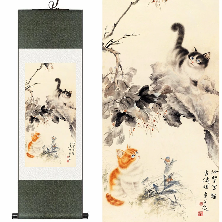Chinese Silk watercolor flower Animals Cats Kitten ink art print feng shui canvas wall picture damask framed scroll painting 
Chinese Silk watercolor flower Animals Cats Kitten ink art print feng shui canvas wall picture damask framed scroll painting