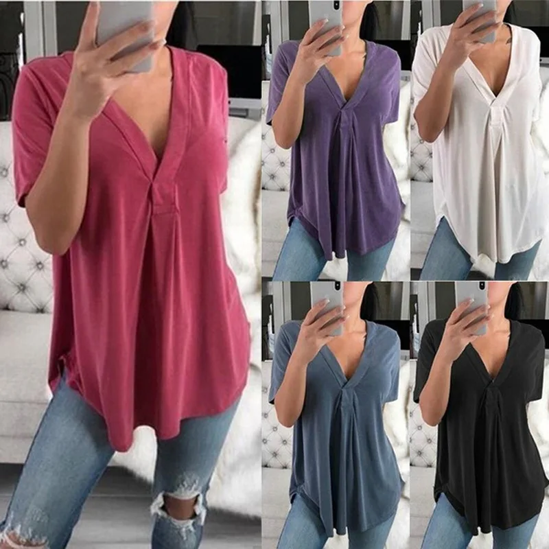 Summer Comfortable Soft Womens T-shirt Short Sleeve Deep V-neck Tops Tees Loose Casual Large T-shirt OM8892
Summer Comfortable Soft Womens T-shirt Short Sleeve Deep V-neck Tops Tees Loose Casual Large T-shirt OM8892