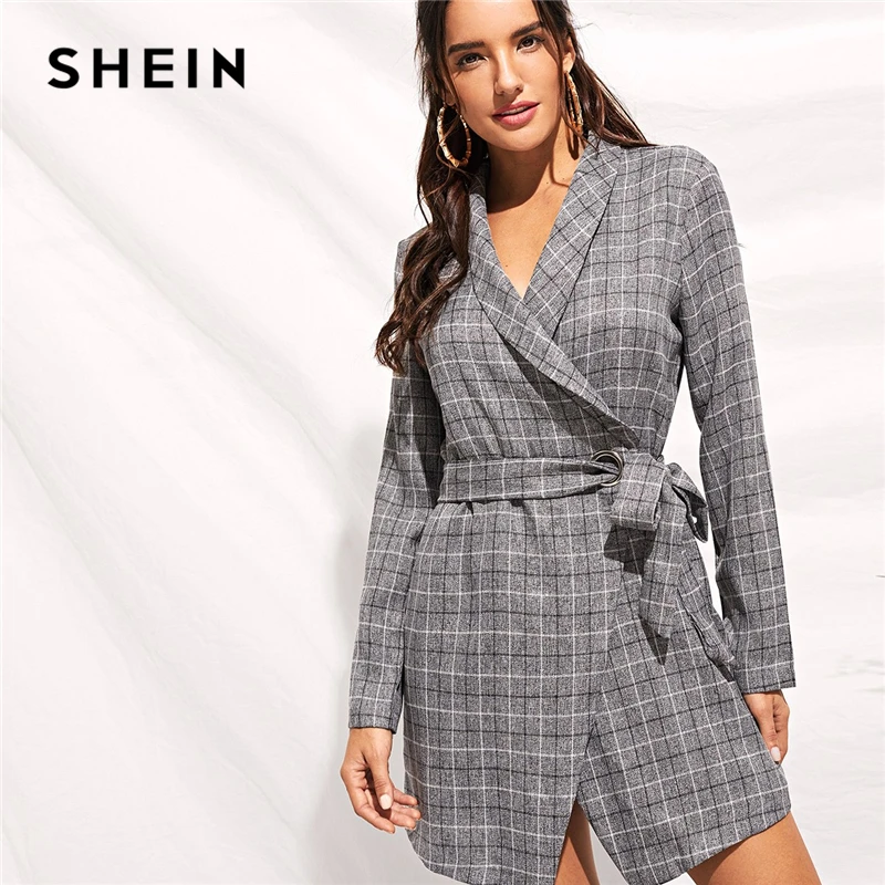 

SHEIN Grey Shawl Collar Self Tie Wrap Plaid Blazer Coat Elegant Belted Wrap Longline Outerwear Women Autumn Workwear Coats