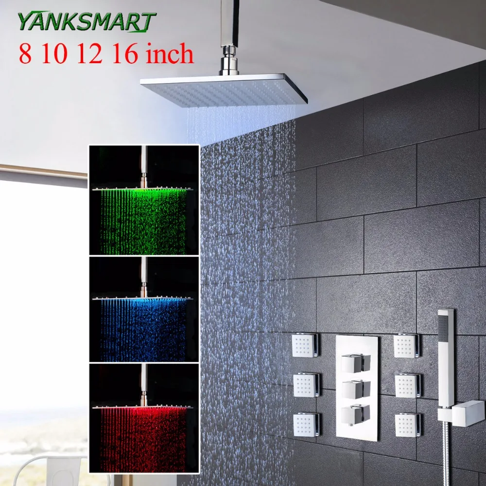 YANKSMART Bathroom 8 10 12 16 inch LED Chrome Shower Faucet Set Thermostatic Valve Mixer Tap W/ 6 Message Jets Shower Set
YANKSMART Bathroom 8 10 12 16 inch LED Chrome Shower Faucet Set Thermostatic Valve Mixer Tap W/ 6 Message Jets Shower Set