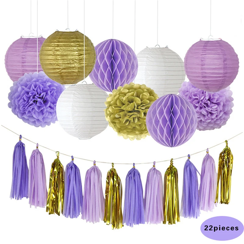 

22pcs/set Purple Golden Chinese Garland Round Flower Balls Tissue Paper Honeycomb Pom Poms Wedding Backdrop Hanging Decor NHD