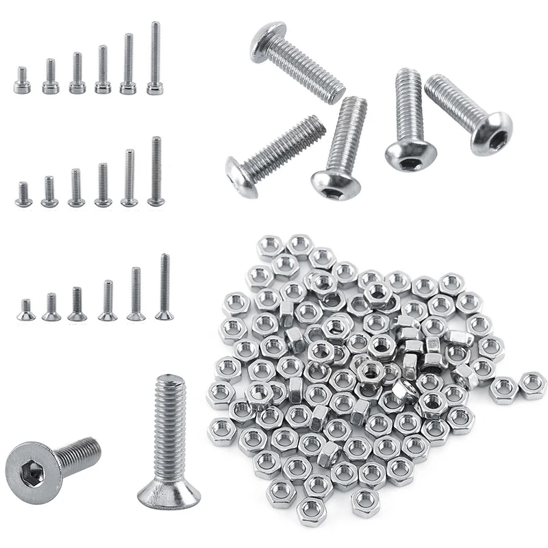 250pc/set A2 Stainless Steel M3 Cap/Button/Flat Head Screws Sets Hex Socket Bolt With Hex Nuts Assortment Kit Mayitr