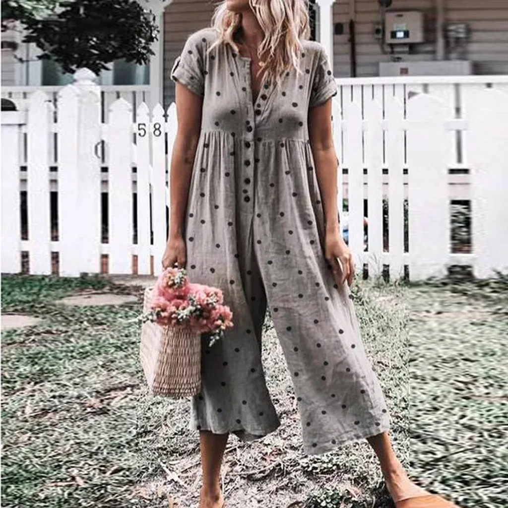 Women Casual Dot Printed Short Sleeve Button Opening Beach Loose Long Jumpsuitoveralls for women romper jumpsuit women #0321
Women Casual Dot Printed Short Sleeve Button Opening Beach Loose Long Jumpsuitoveralls for women romper jumpsuit women #0321