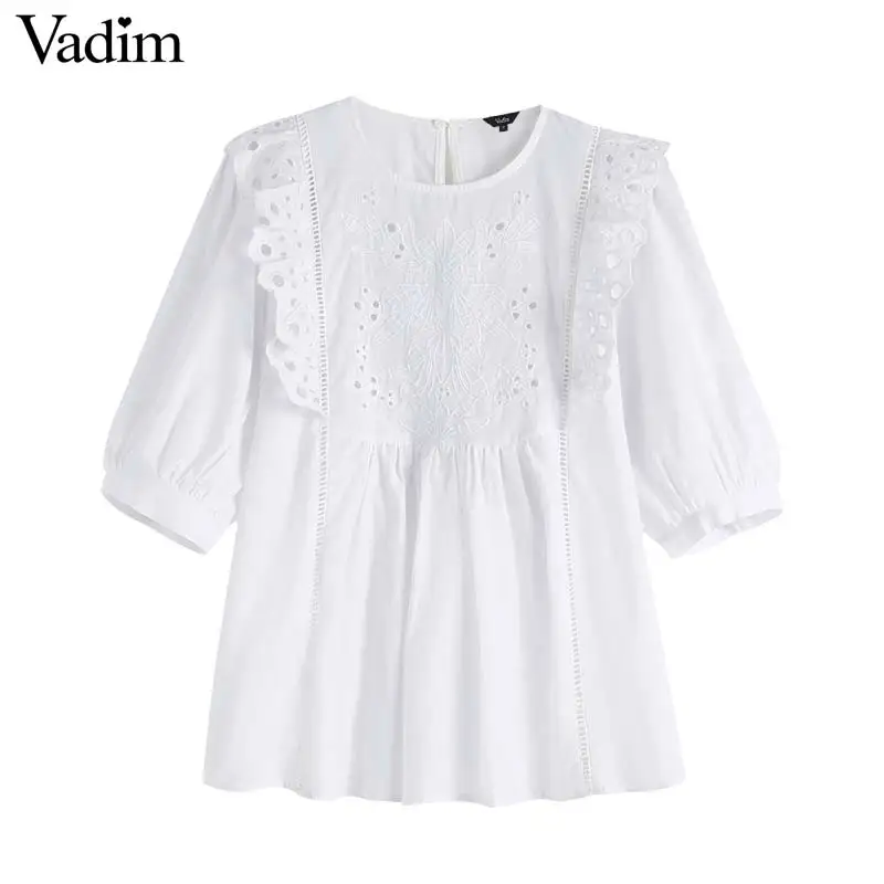 Vadim women sweet embroidery hollow out white blouse eyelet lantern sleeve O neck shirt female casual cute top DA326
Vadim women sweet embroidery hollow out white blouse eyelet lantern sleeve O neck shirt female casual cute top DA326