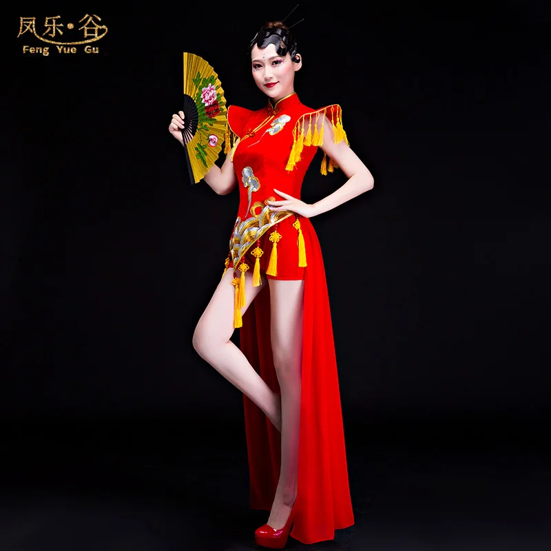Новый китайский стиль синий и белый фарфор танцевальный костюм платье костюмы
