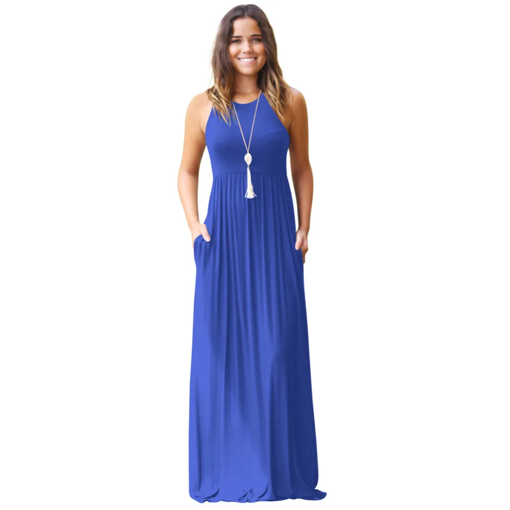 blue O Neck Sleeveless High Waist Halter Long Dress