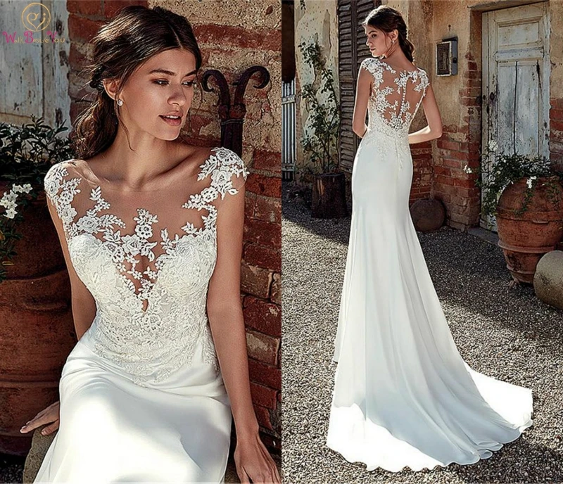 2019 Mermaid Wedding Dresses Soft Satin Scoop Neckline With Lace Appliques Bridal Dress Cap Sleeve Illusion Back Wedding Gowns
2019 Mermaid Wedding Dresses Soft Satin Scoop Neckline With Lace Appliques Bridal Dress Cap Sleeve Illusion Back Wedding Gowns