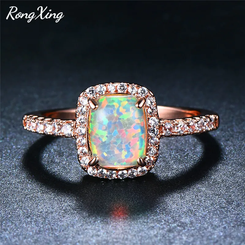 

RongXing White/Blue Fire Opal Ring Rose Gold Filled Square Stone Rainbow Birthstone Rings For Women Zircon Fashion Jewelry Gifts