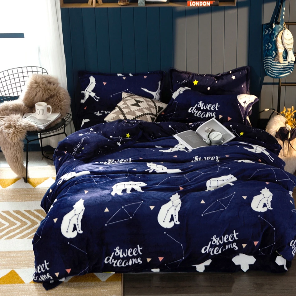 Deep Blue Flannel Duvet Cover Sets Twin Queen King Size Cartoon