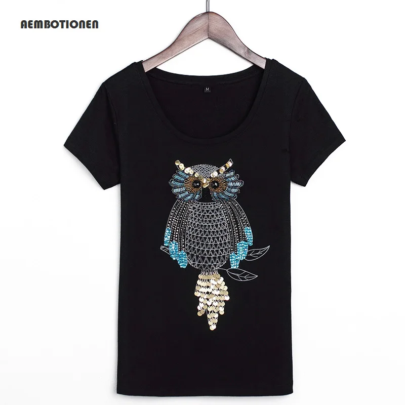 Women 2017 Summer Short Sleeve Sequined beaded owl Print T shirts Fashion slim WhiteTop Tees Women Designer Clothi
Women 2017 Summer Short Sleeve Sequined beaded owl Print T shirts Fashion slim WhiteTop Tees Women Designer Clothi