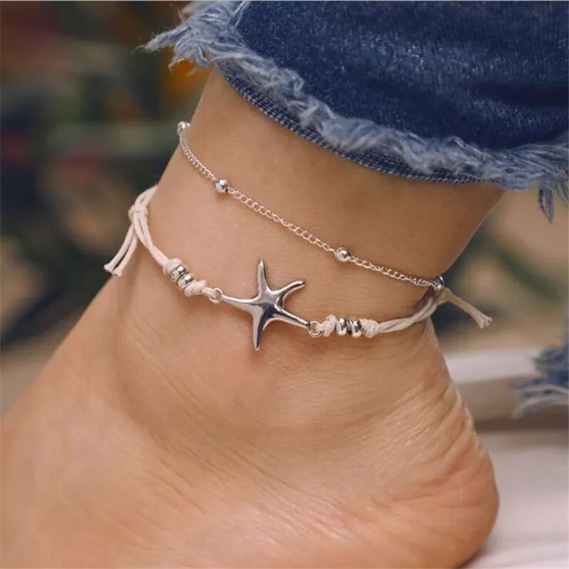 

Bohemian Starfish Anklet Silver Foot Chain Bracelet on Leg Anklets For Women Rope Beach Anklet Set Barefoot Sandal Ankle Jewelry