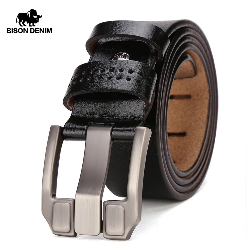 

BISON DENIM Men's Genuine Leather Belts High Quality Retro Pin Buckle Belts For Father Husband Friends Waistband Strap For Jeans