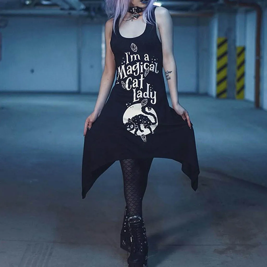 Lady Girls Gothic Dress Black Fashion Women Funny Cat Printed Midi Black Gothic Summer Sleevless Dress 2019 Retro A-Line Dress
Lady Girls Gothic Dress Black Fashion Women Funny Cat Printed Midi Black Gothic Summer Sleevless Dress 2019 Retro A-Line Dress