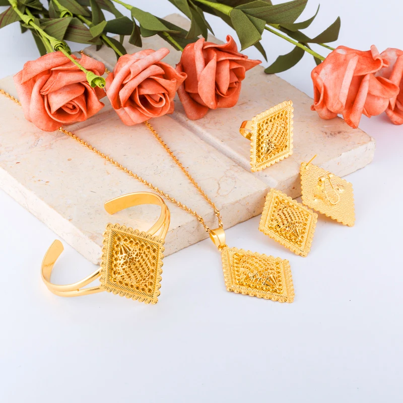 Ethiopian Jewelry Gold Color Eritrea Habesha Sudan set African Bridal Wedding Jewellery Pendant Necklace Earring Arab for Women Ethiopian Jewelry Gold Color Eritrea Habesha Sudan set African Bridal Wedding Jewellery Pendant Necklace Earring Arab for Women