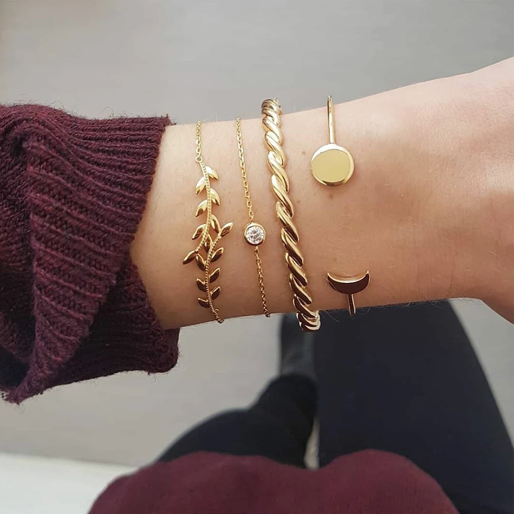 4 Pcs/set Bohemian Fashion Moon Leaf Crystal Open Ball Gold Bracelet Set Women Vintage Beach Party Jewelry Accessories
4 Pcs/set Bohemian Fashion Moon Leaf Crystal Open Ball Gold Bracelet Set Women Vintage Beach Party Jewelry Accessories