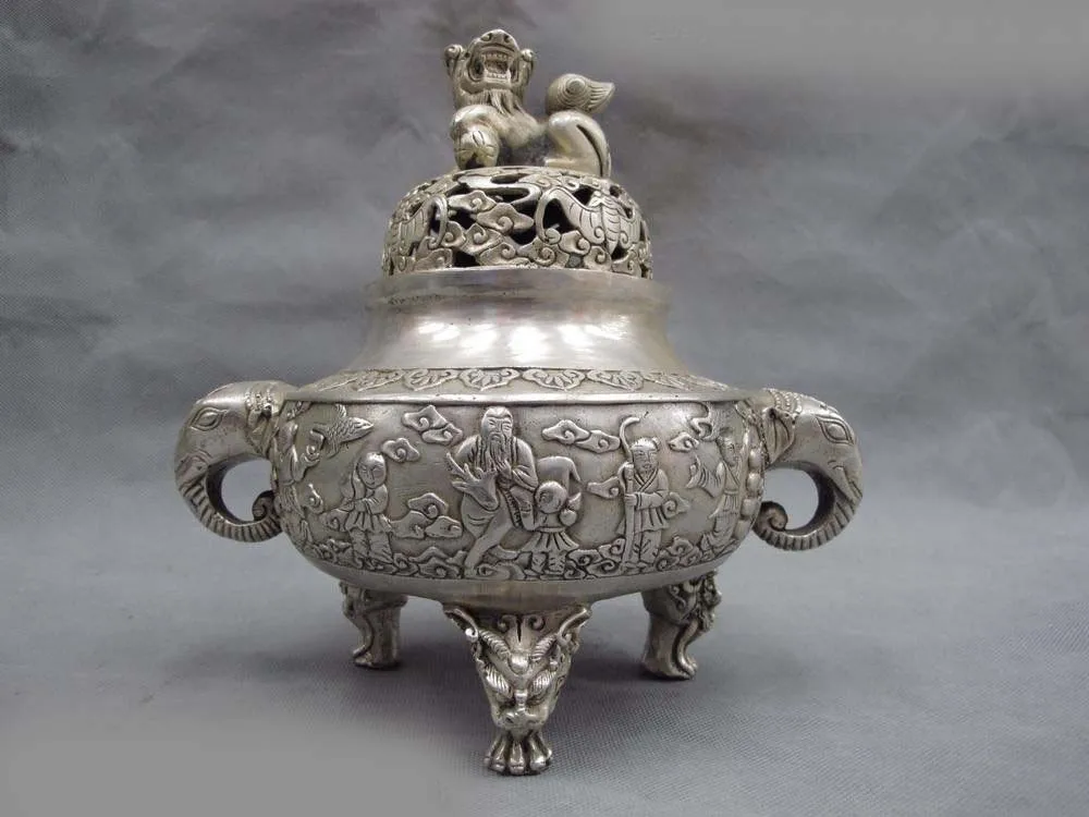 Chinese white Copper Silver god of longevity foo dog lion incense burner censer SD 506