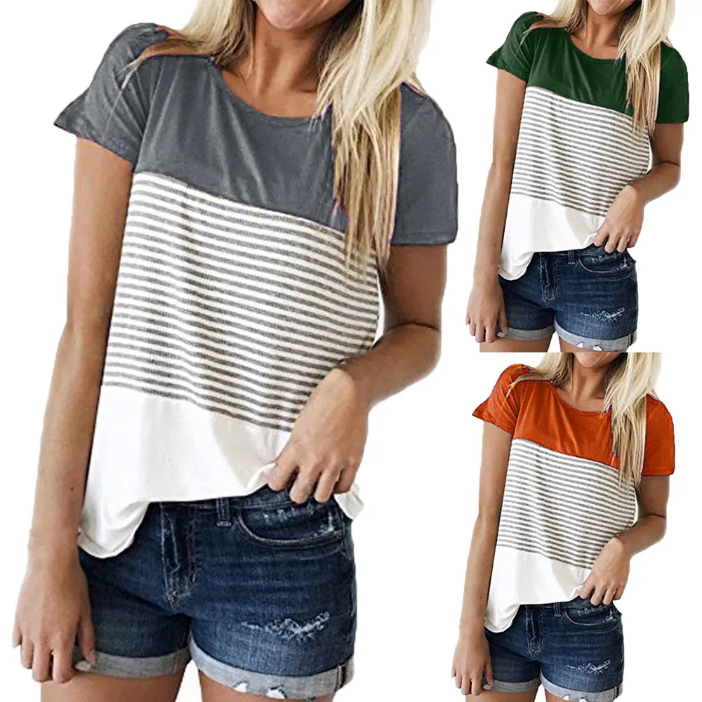 Women Short Sleeve Triple Color Block Stripe solid color Round neck Casual Wild Casual ropa mujer
Women Short Sleeve Triple Color Block Stripe solid color Round neck Casual Wild Casual ropa mujer