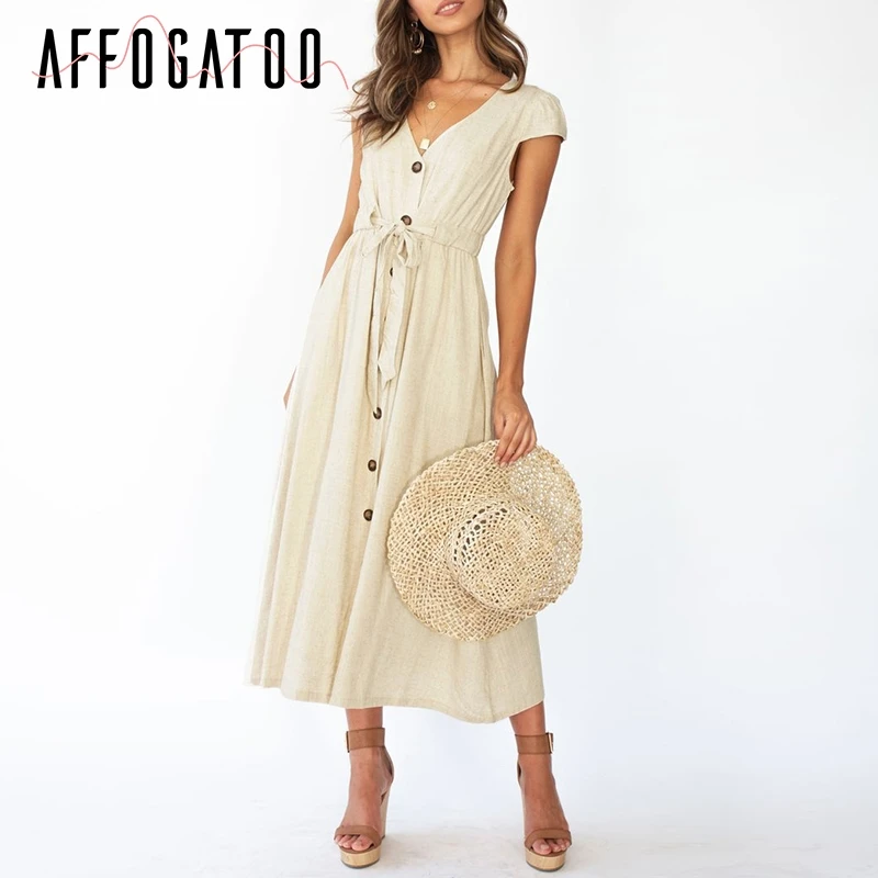 Affogatoo Sexy V-neck sash button solid women dress Elegant A-line lace up female long dress Casual bohemian summer beach dress
Affogatoo Sexy V-neck sash button solid women dress Elegant A-line lace up female long dress Casual bohemian summer beach dress