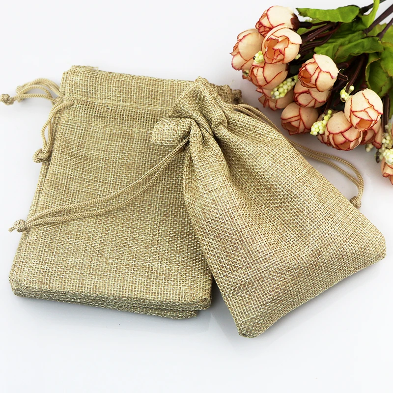 

10PCS 7x9CM Small Linen Gift Bag Natural Color Jute Bag For Storage Wedding Decor Jewelry Packaging Bags Can Customize Logo