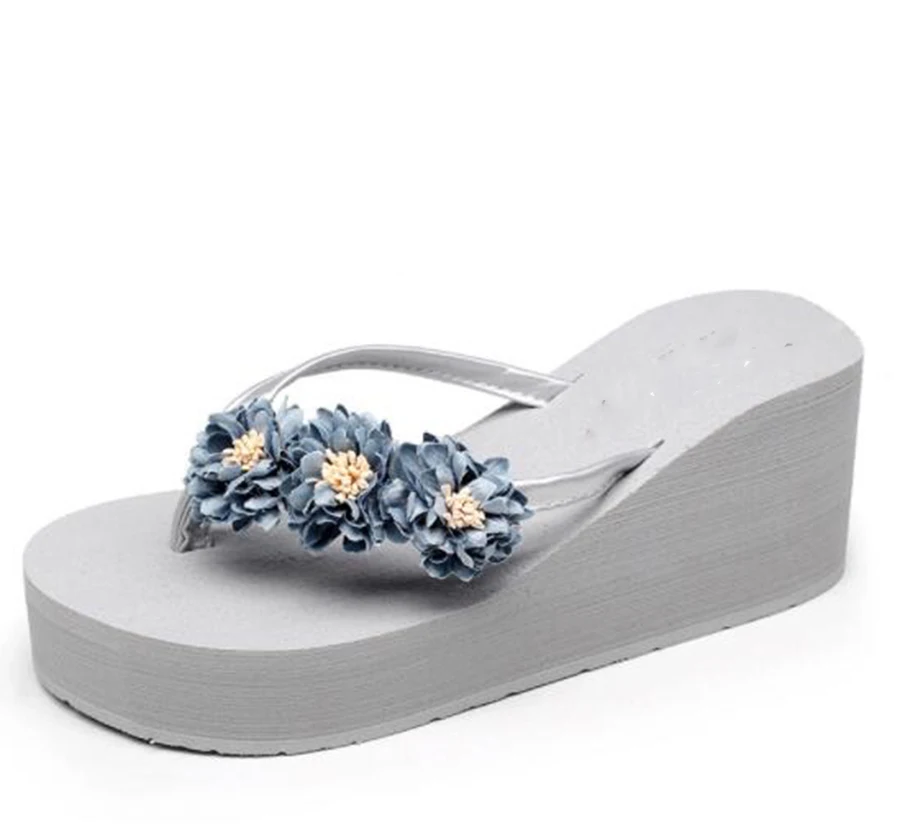 Summer Beach Thick-bottomed Flip Flops PU High-heeled Small Chrysanthemum Flower Clips Shoes Slippers Female Sponge | Обувь