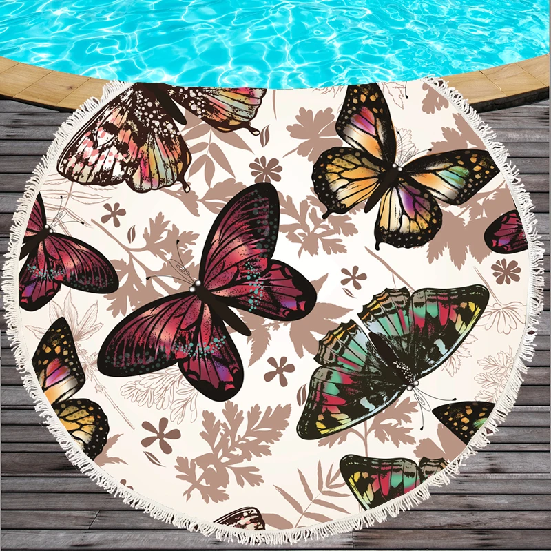 

Printing Beach Towel Butterflies Summer round towel tassel tapestry yoga mat Microfiber blanket bath towel 150cm beach towel