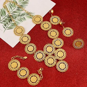 Turkey Coin Necklace Earrings Ring Bracelet Jewelry Sets for Women Gold Color Coins Bridal Wedding Party Gifts
Turkey Coin Necklace Earrings Ring Bracelet Jewelry Sets for Women Gold Color Coins Bridal Wedding Party Gifts