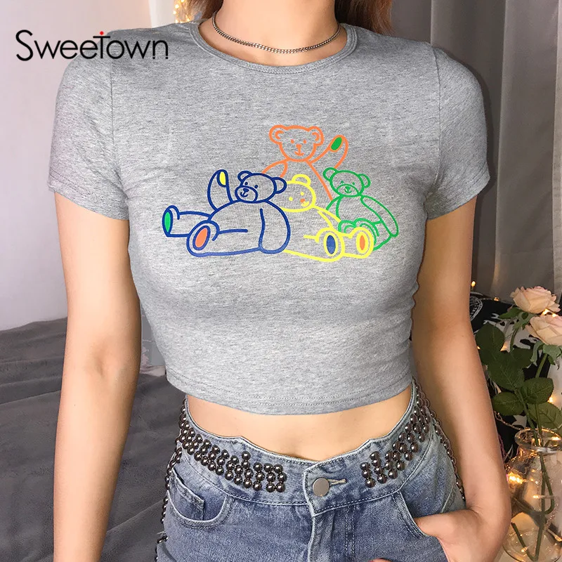 Sweetown Gray Short Sleeve Slim Sexy Crop Top Tshirt O-Neck Knitted Cartoon Graphic Tees Women Holiday Clothes Harajuku Kawaii
Sweetown Gray Short Sleeve Slim Sexy Crop Top Tshirt O-Neck Knitted Cartoon Graphic Tees Women Holiday Clothes Harajuku Kawaii