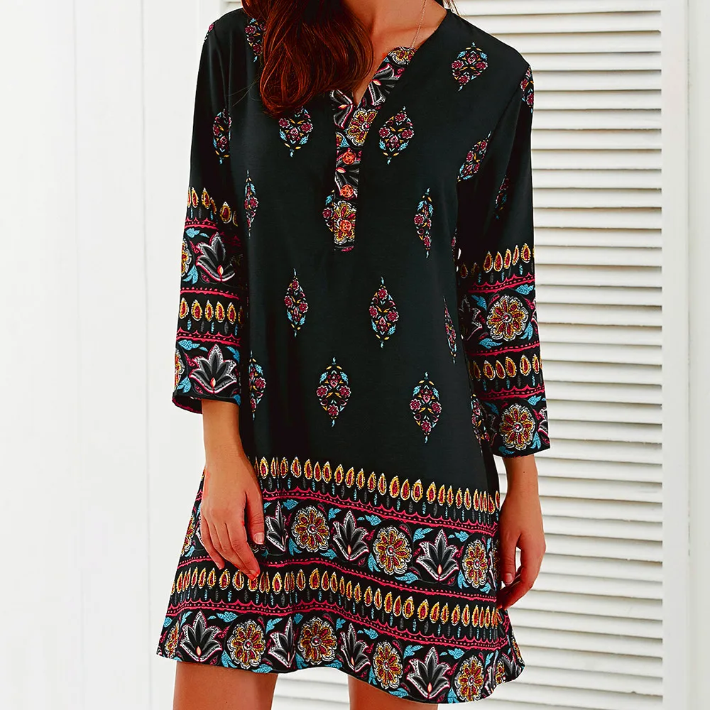 2017 New Women Print Long Sleeve Boho Dress Beach Evening Party Mini Dress Dropshipping L518 9