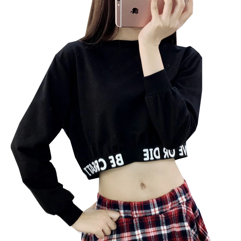 Letters Printing Sweatshirt Fashion Autumn Women Crop Tops Round Neck Long Sleeve Sweatshirts Simple Style Black Moletom | Женская