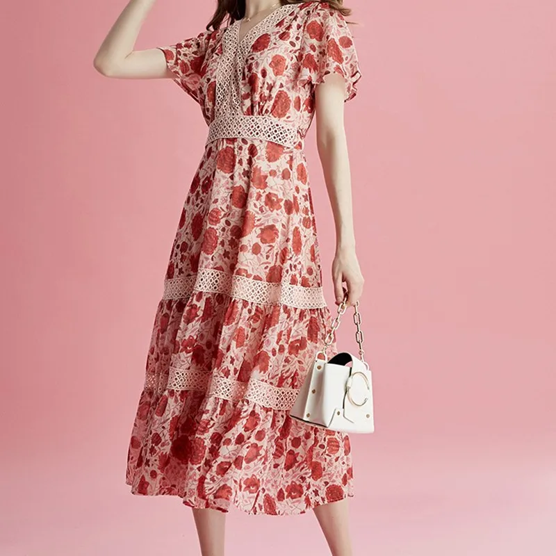 High quality New 2019 Designer Runway Dress Women's Short sleeve chiffon Printed Patchwork Lace Hollow Out Holiday Dress
High quality New 2019 Designer Runway Dress Women's Short sleeve chiffon Printed Patchwork Lace Hollow Out Holiday Dress