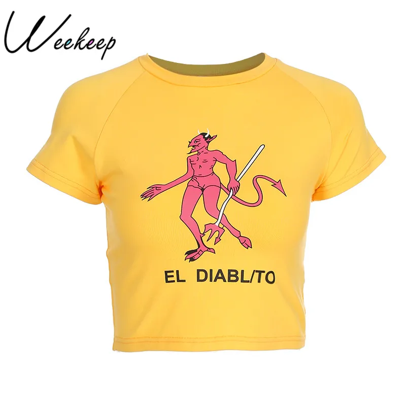 Weekeep Sexy Slim Waist Cropped T-shirt Women Fashion Cotton Cartoon Print t shirt Summer Yellow Knitted tshirt O-neck Devil Top
Weekeep Sexy Slim Waist Cropped T-shirt Women Fashion Cotton Cartoon Print t shirt Summer Yellow Knitted tshirt O-neck Devil Top