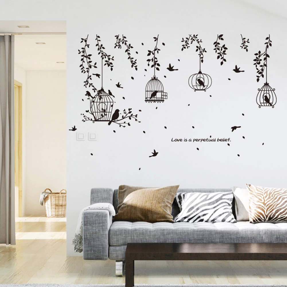 Black birds cage leaves quote wall sticker