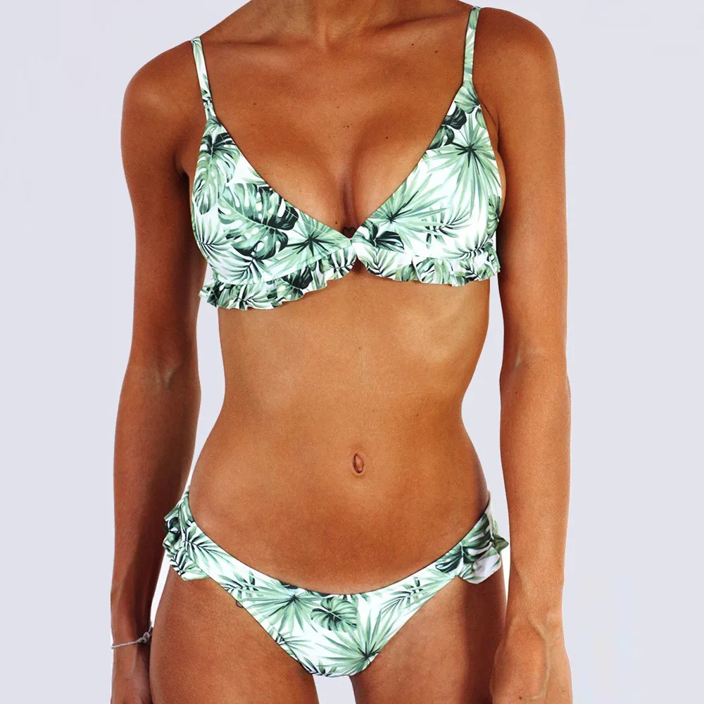 

Women Tropical Leaf Ruffle Print Splice Split Bikini Female Brazilian Swimwear Swimsuit Plavky Biquini Maillot Bather Tankini