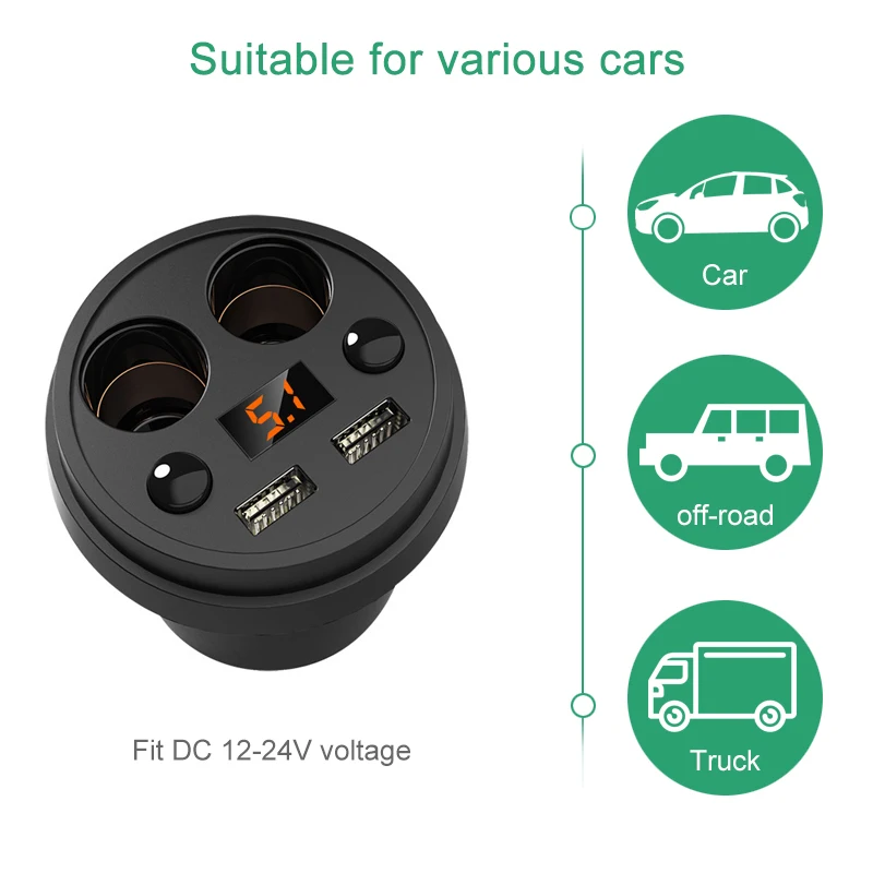 Car Charger 2 USB DC/5V 3.1A Cup Power Socket Adapter Cigarette Lighter Splitter Mobile Phone Chargers With Voltage LED Display