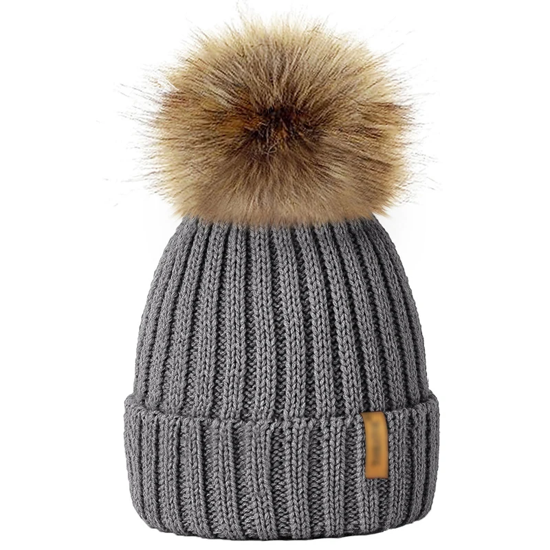 2018 новые детские От 4 до 12 лет шарик из меха енота зимние шапки вязаные Pom cap для