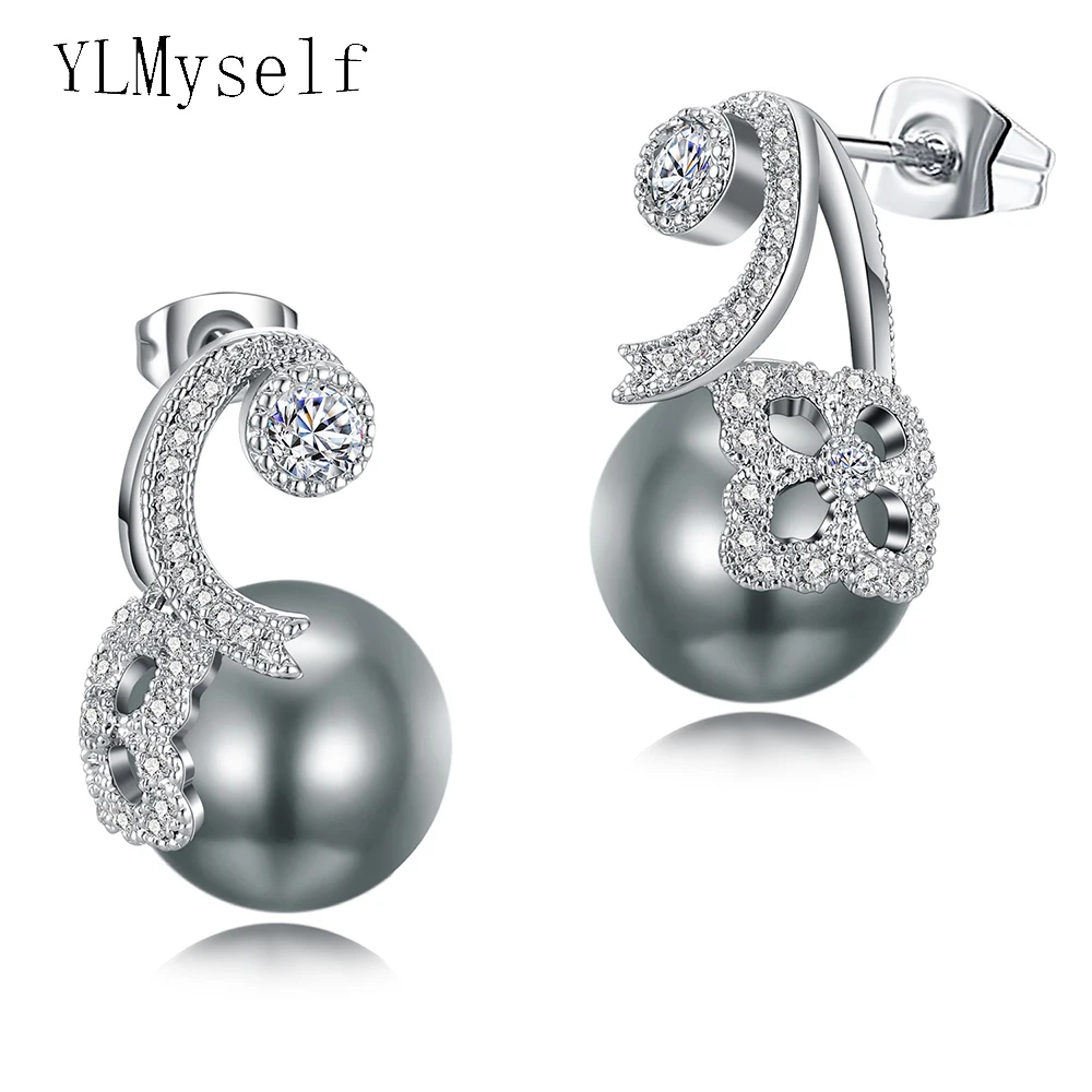 

Fashion drop earring best gift statement jewelry accessories pave clear crystal and simulated grey pearl earrings for women