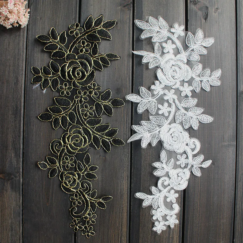 

2PCS 37*17CM Embroidered Flower Lace Applique Sewing Patch For Wedding Dress Veil Head Black/Off-White Color