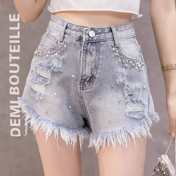 Women's jeans Beaded Denim Shorts 2019 Female Korean version of Summer Female Students High waist Slimming Hole raw Denim Shorts
Women's jeans Beaded Denim Shorts 2019 Female Korean version of Summer Female Students High waist Slimming Hole raw Denim Shorts